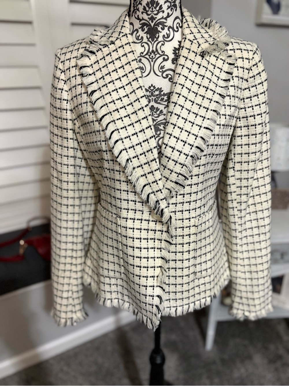 Womens White & Black Tweed Fringe Blazer Jacket